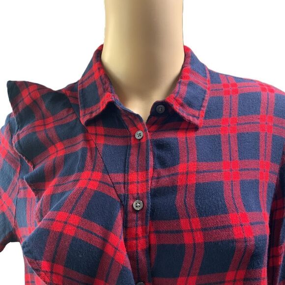 Banana Republic Red Navy Plaid Flannel Dillon Button Up Academia Ruffled Top Med - Picture 2 of 13